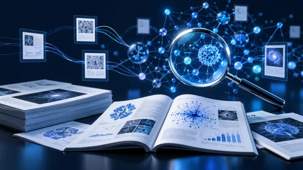 Original editorial illustration of an AI-assisted workflow; not a product screenshot